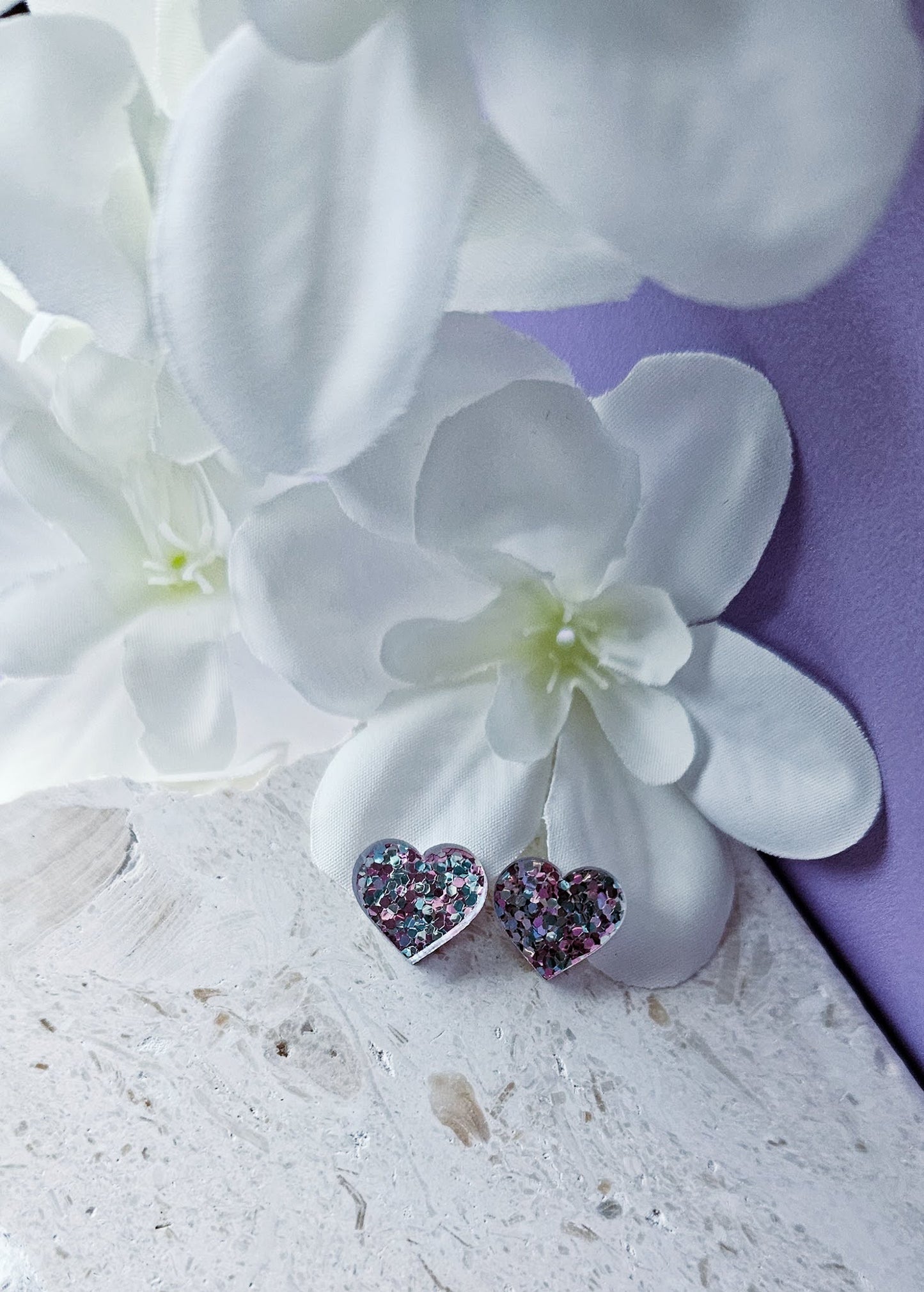 Rosa Glitter Hearts|Studs