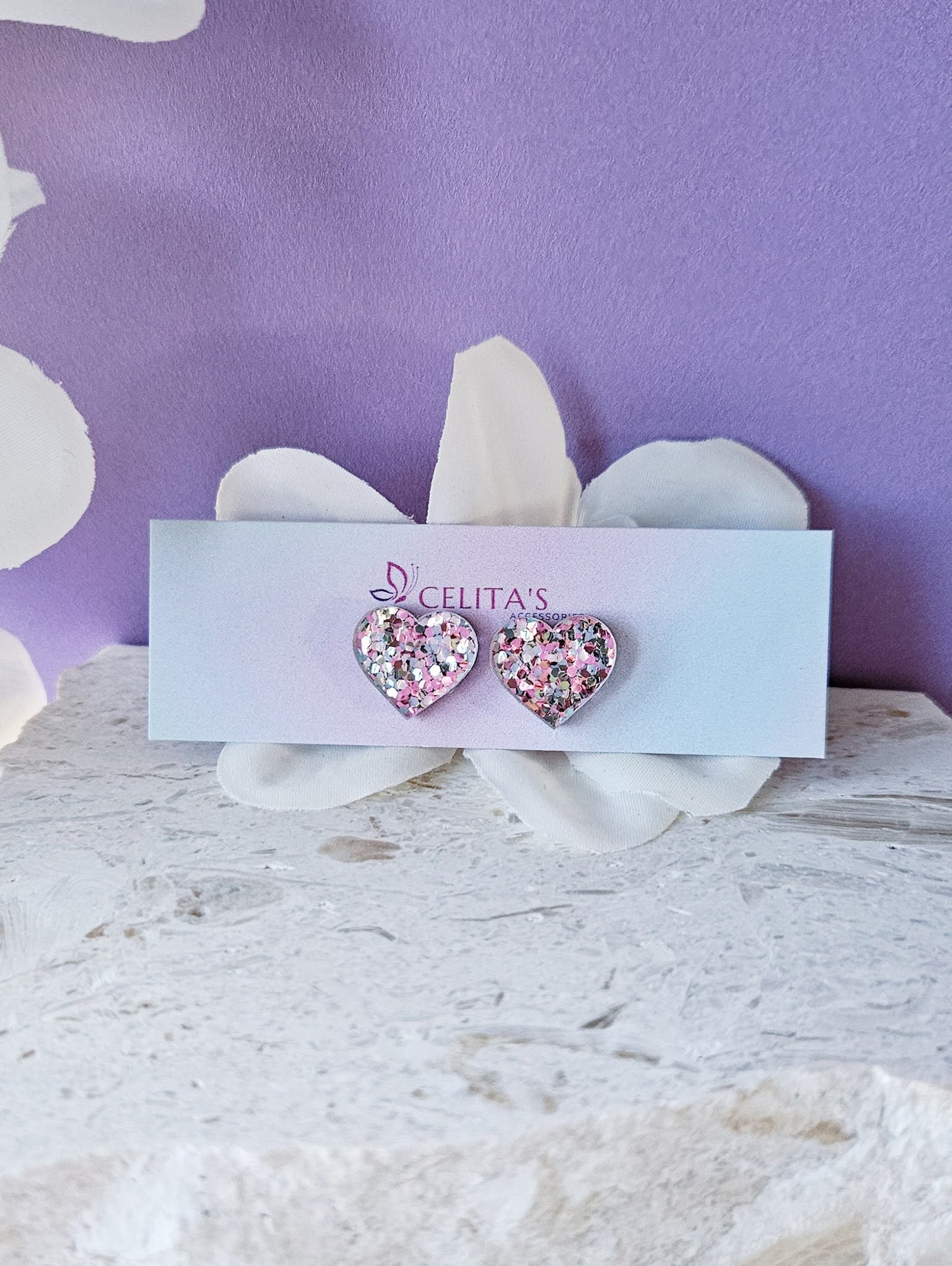 Rosa Glitter Hearts|Studs