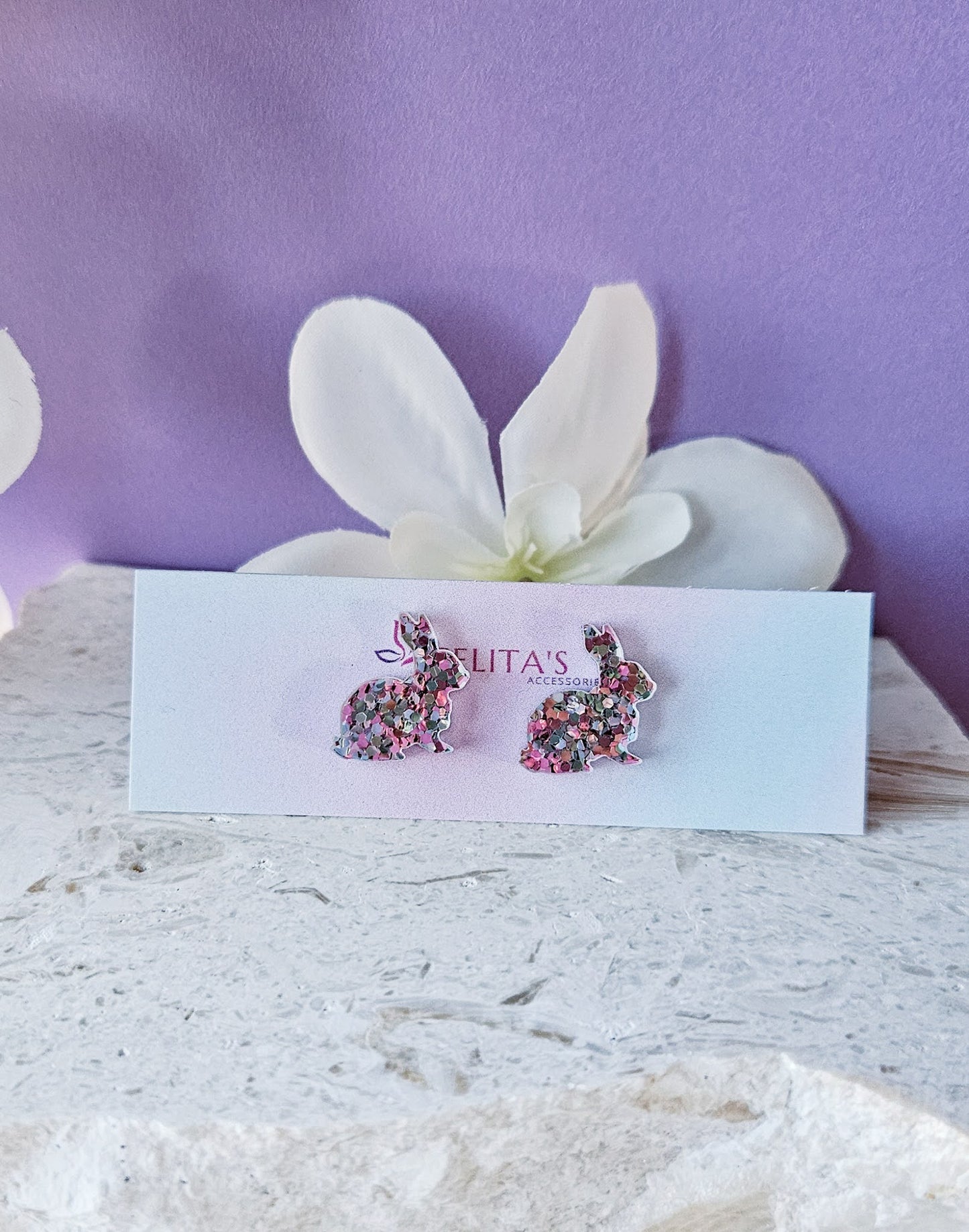 Rosa Glitter Bunny Studs