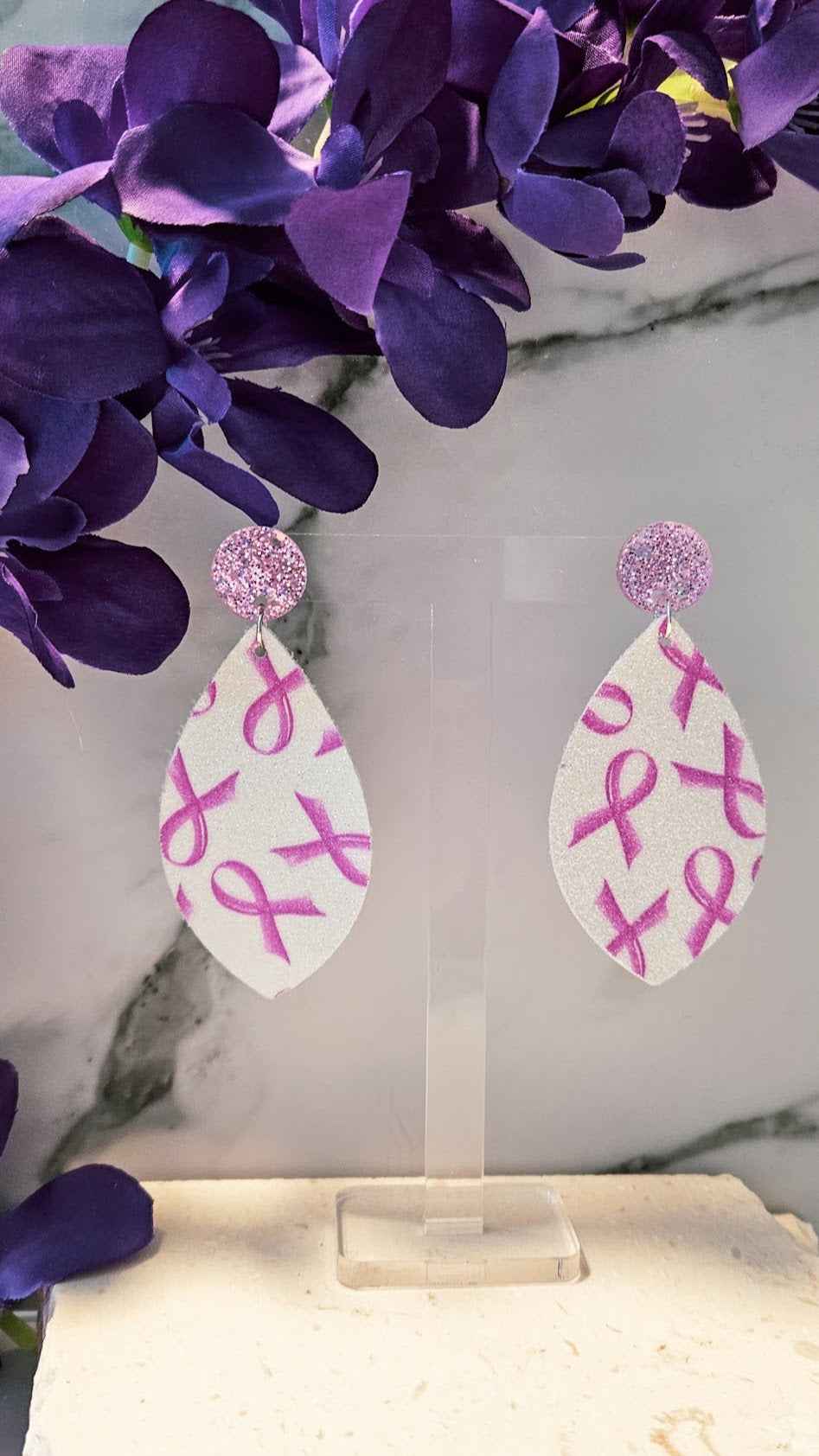 Glitter Pink Ribbon & Pink Stud Top Teardrops