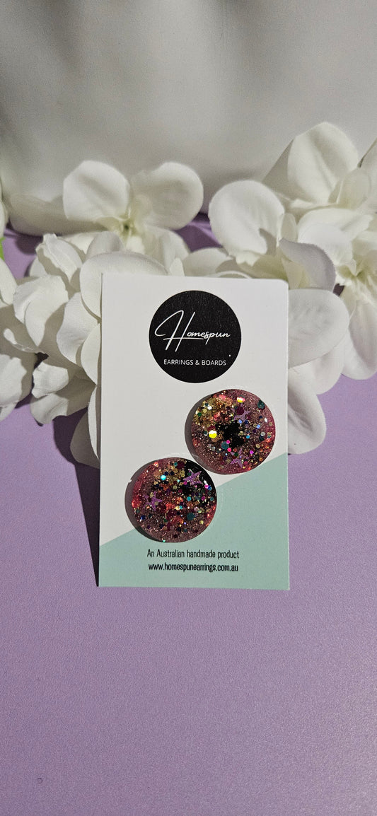 Large Pink Glitter Studs - no.2- by Homespun Earrings