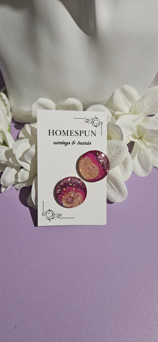 Large Pink Glitter Studs- by Homespun Earrings