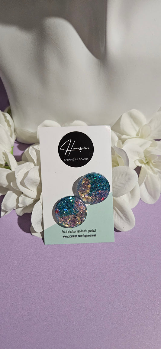 Large Glittery Aqua Studs by Homespun Earrings