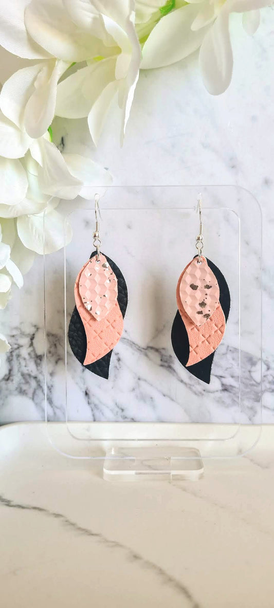 Pink Candy, Pink Embossed Cross & Black Leaf Earrings