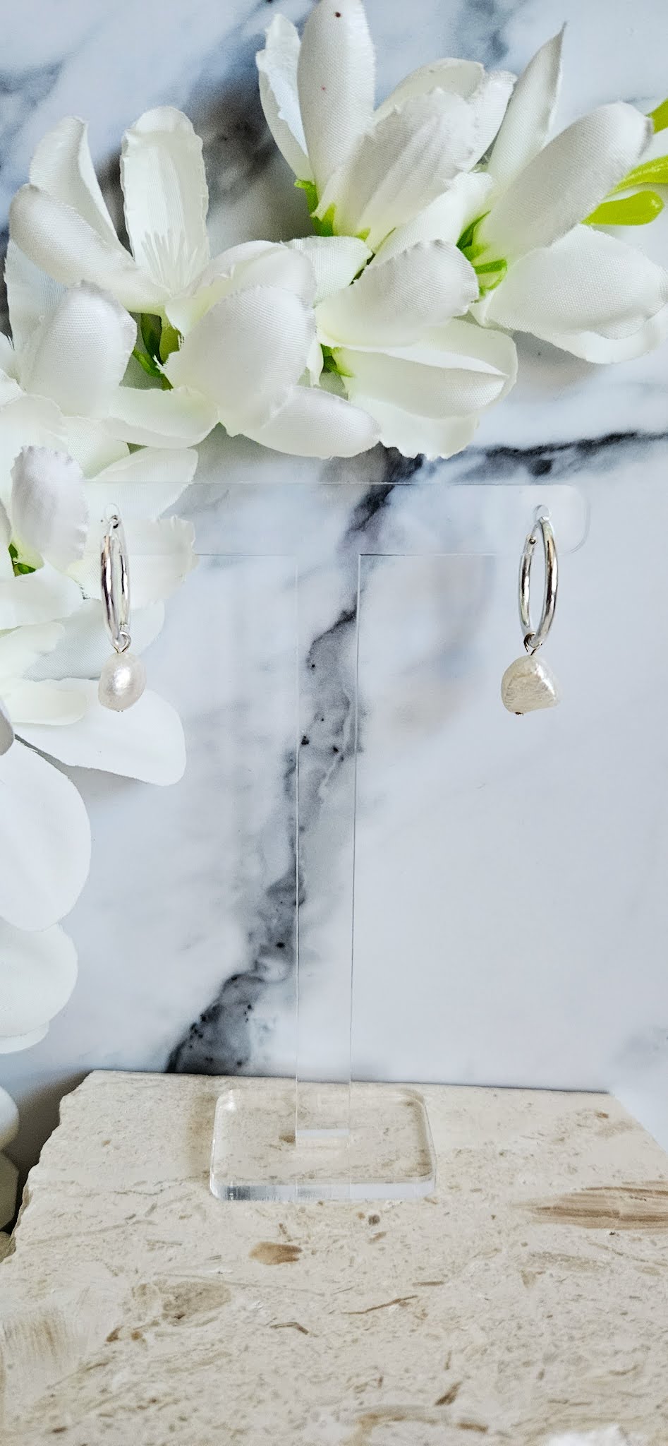 Silver Circle Huggies with Freshwater Pearls